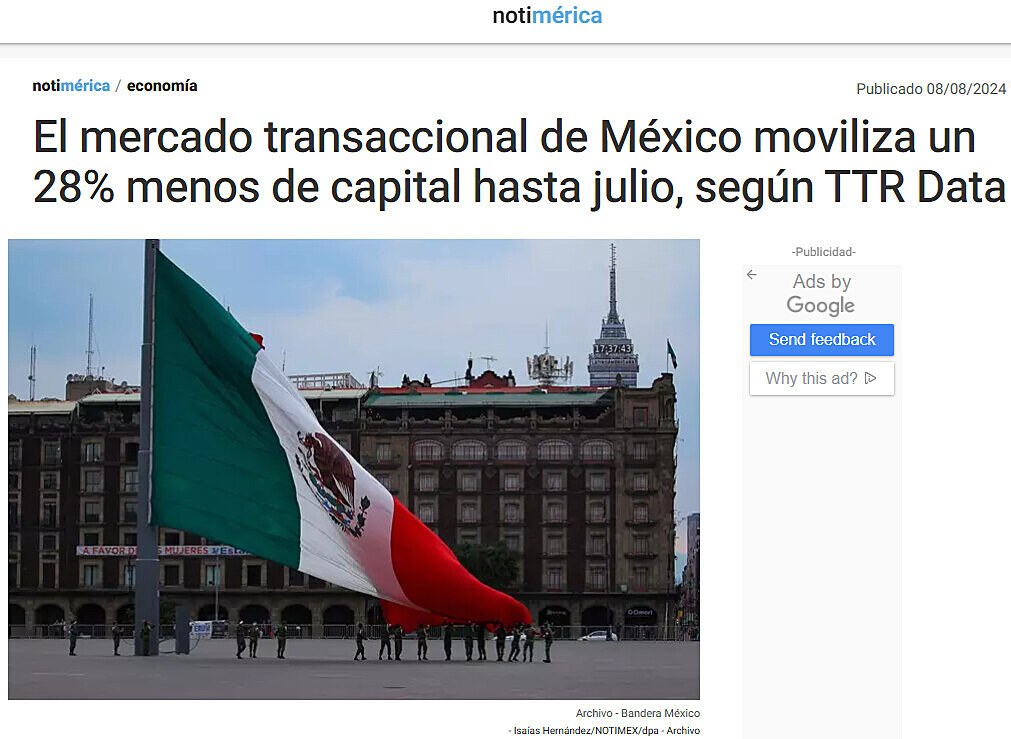 El mercado transaccional de Mxico moviliza un 28% menos de capital hasta julio, segn TTR Data